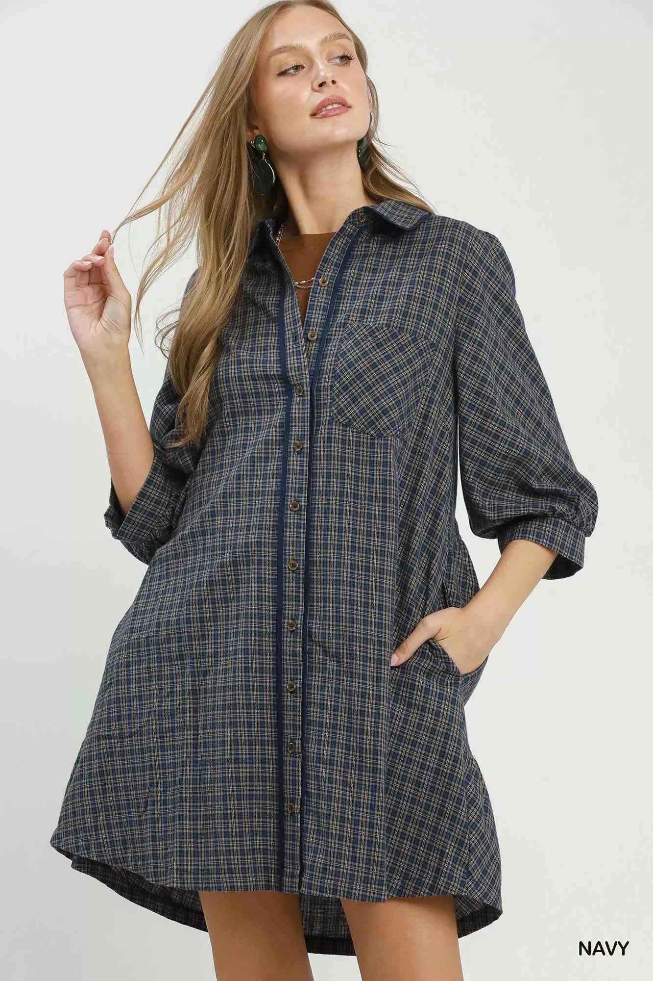 Umgee Plaid Button Down Oversized Shirt Dress