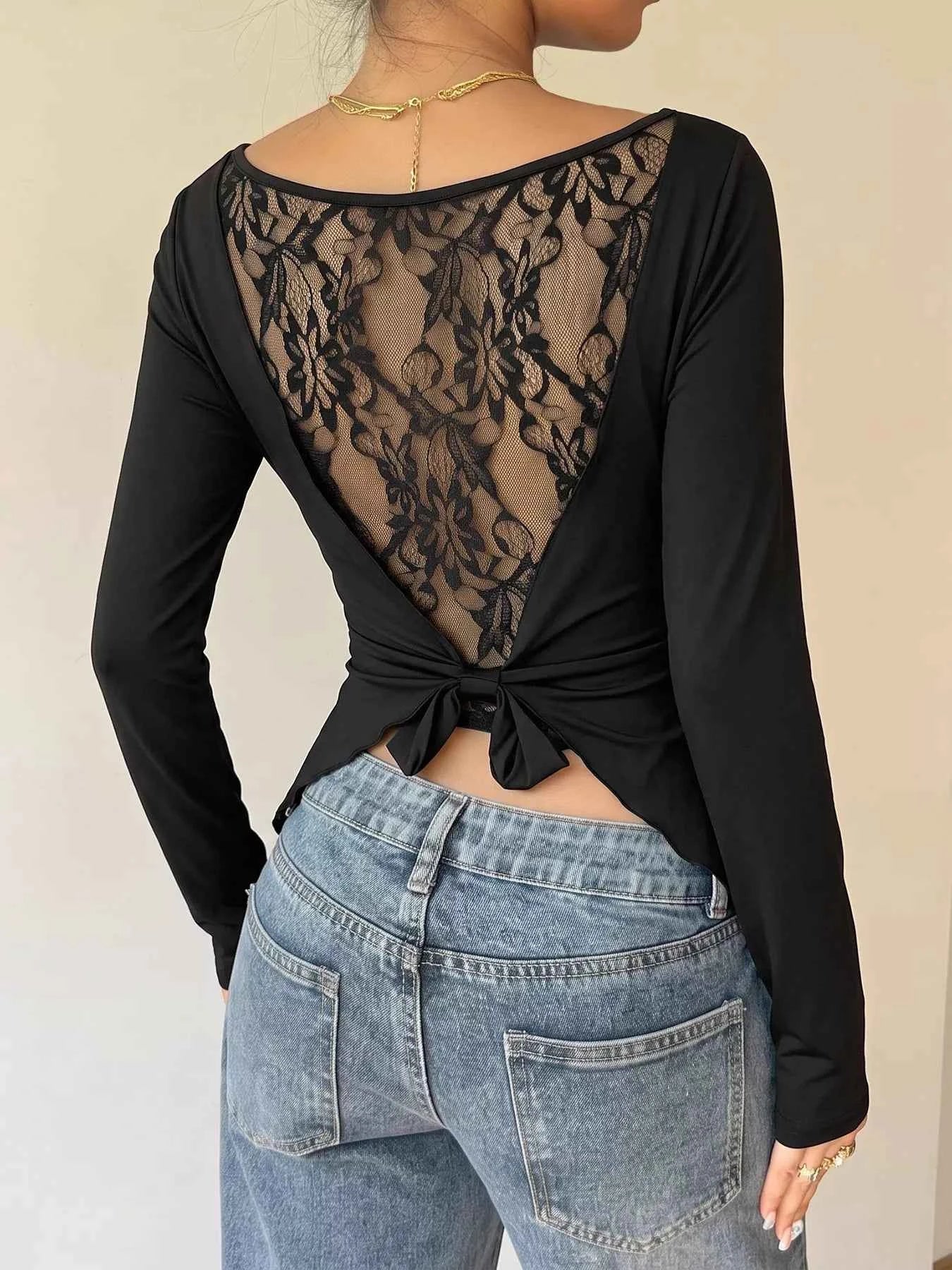Lace Back Tie Long Sleeve Top