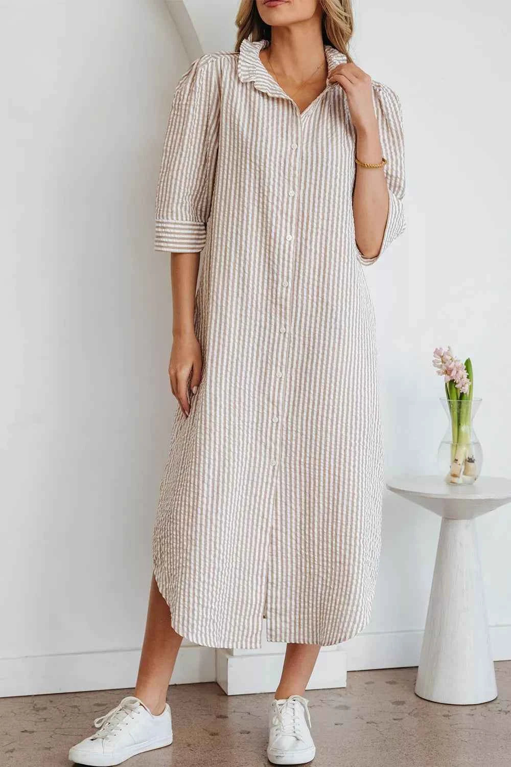 Stripe Frilled Collar Half Sleeve Shirt Dress