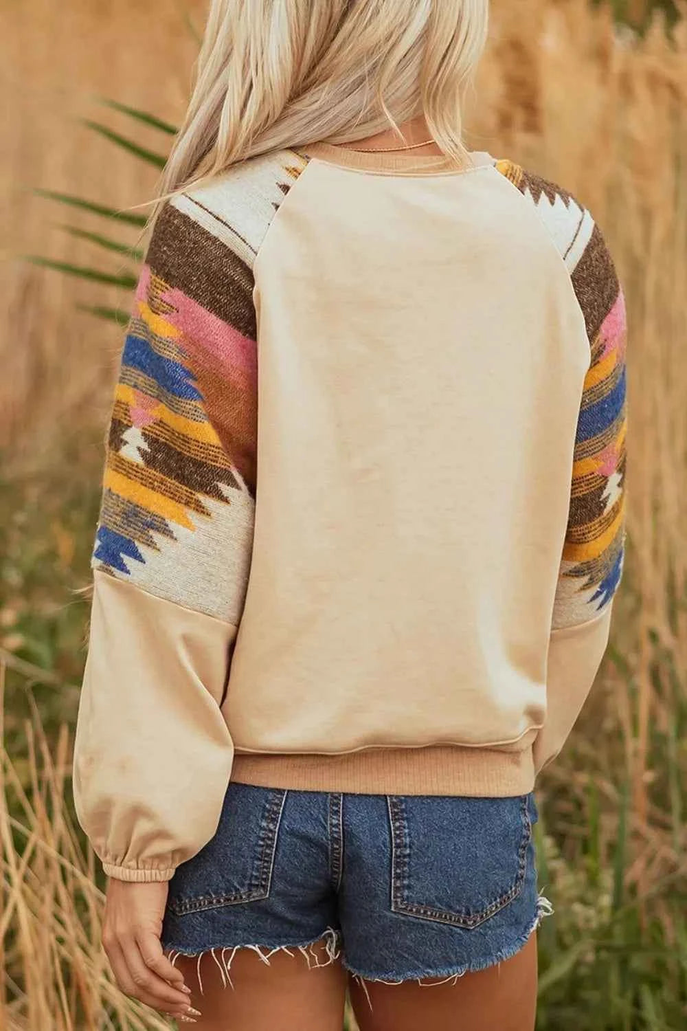 Aztec Bubble Sleeve Patchwork Western Sweatshirt