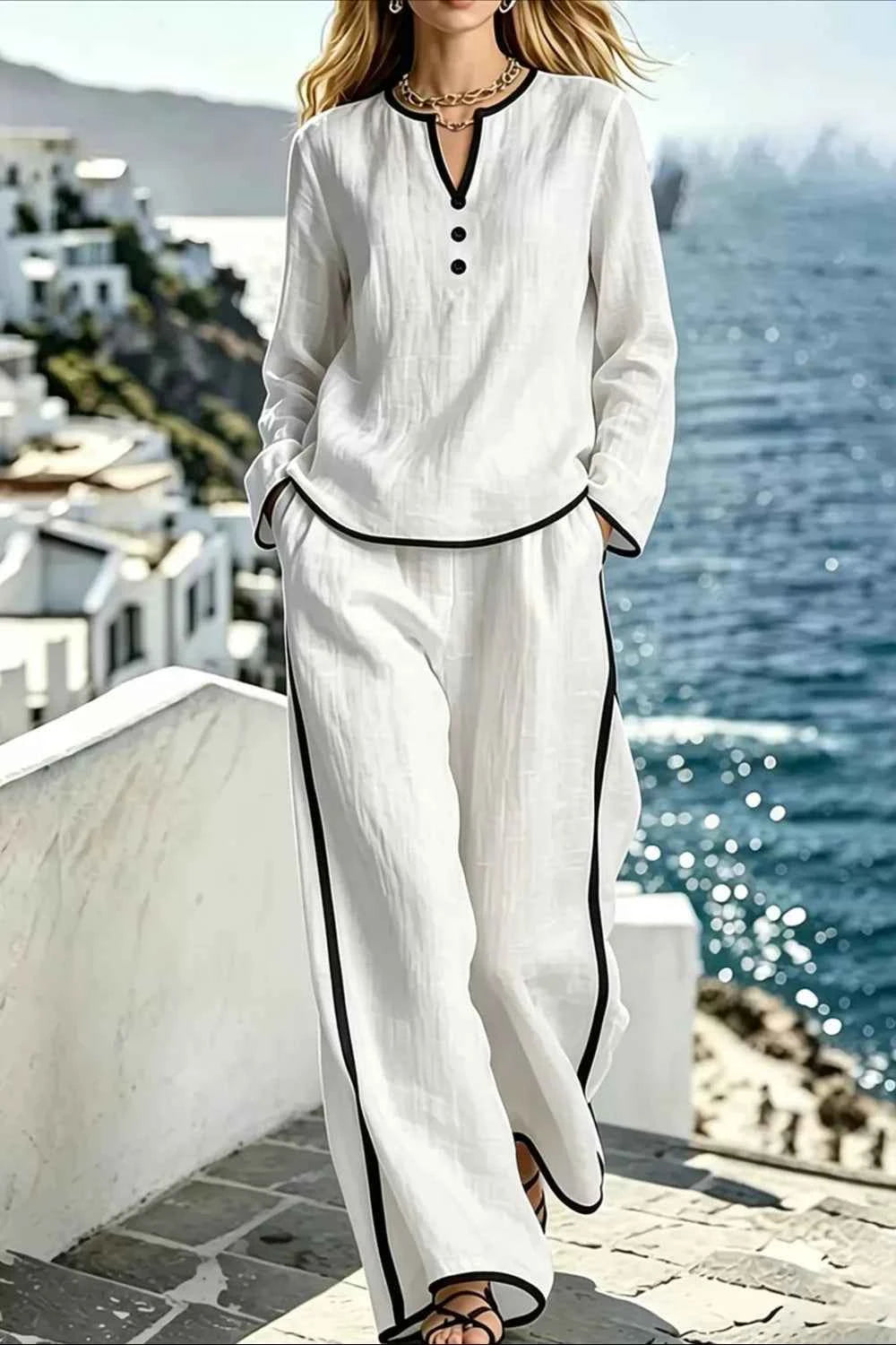 Contrast Trim Long Sleeve Top and Pants Set