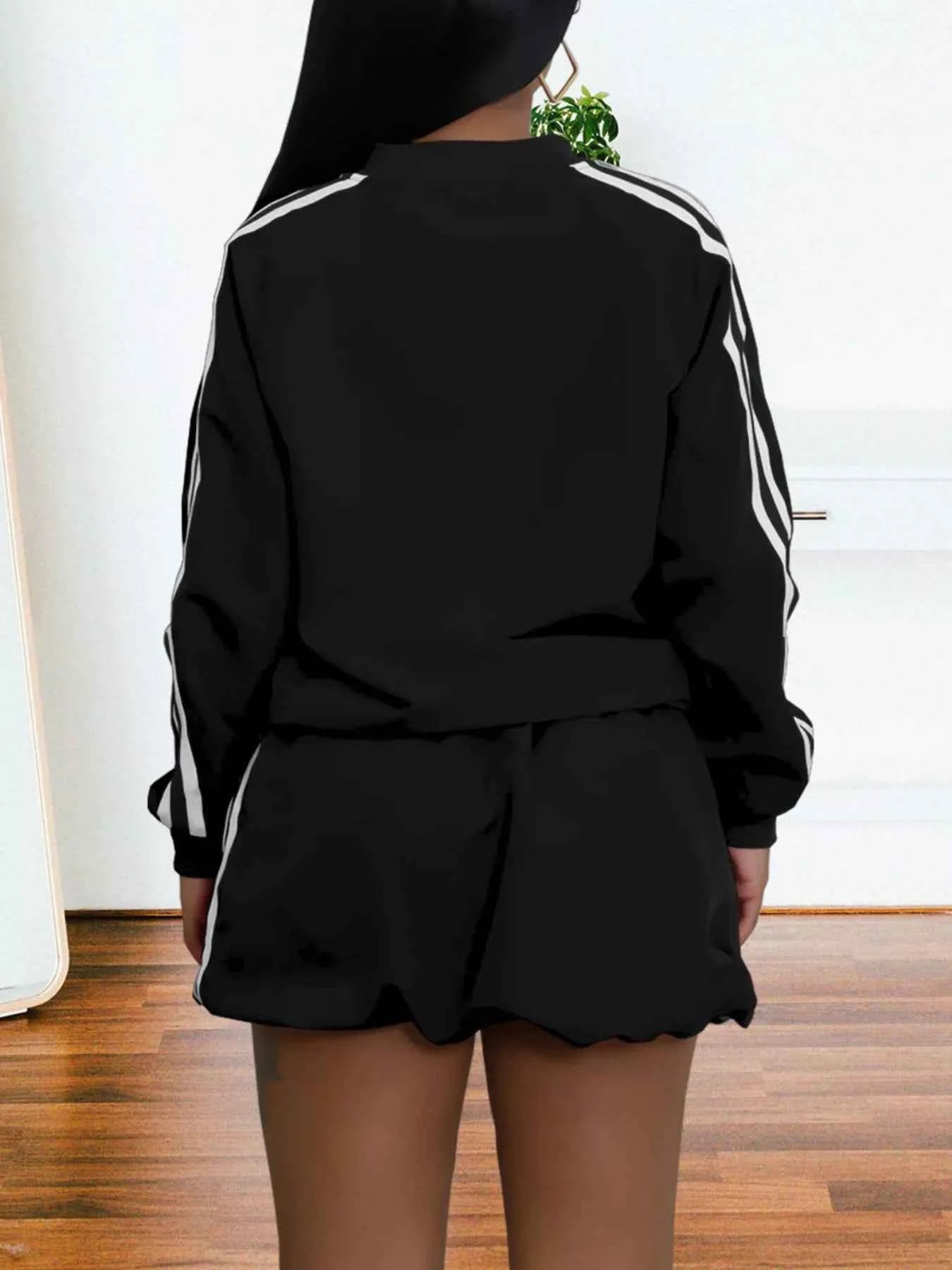 Striped Zip Up Outerwear and Shorts Set