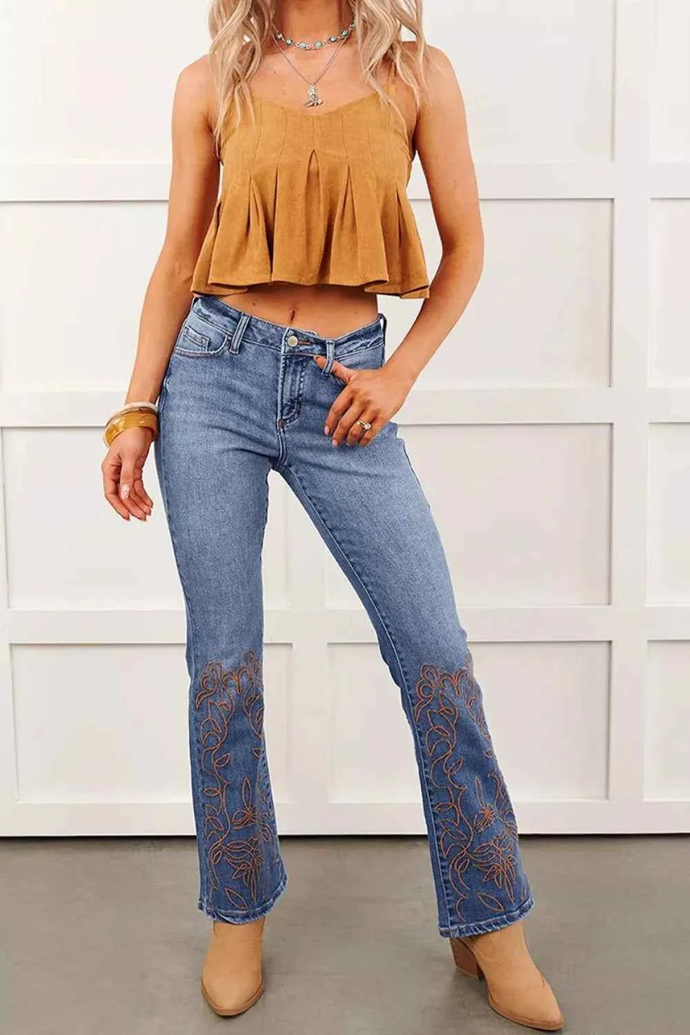 Embroidered Flare Leg Jeans