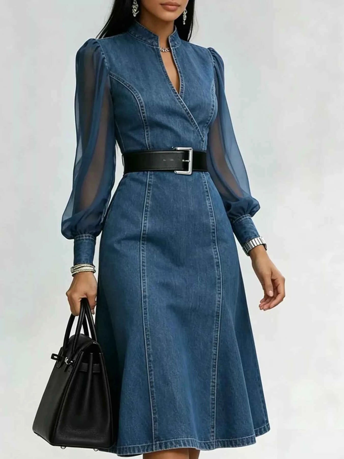 Denim Midi Dress with Sheer Sleeves
