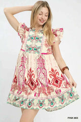 Umgee Mix Ruffle Sleeve Boho Print Dress