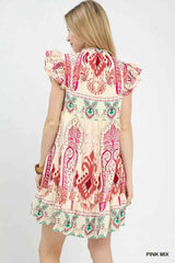 Umgee Mix Ruffle Sleeve Boho Print Dress