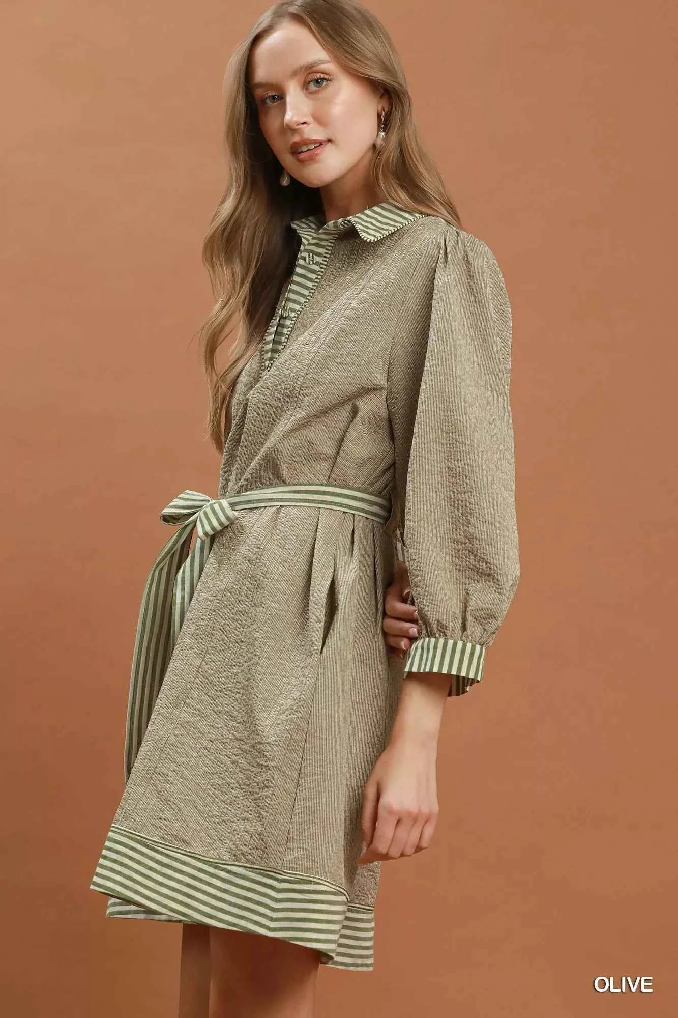 Umgee Striped Contrast Belted Puff Sleeve Mini Dress