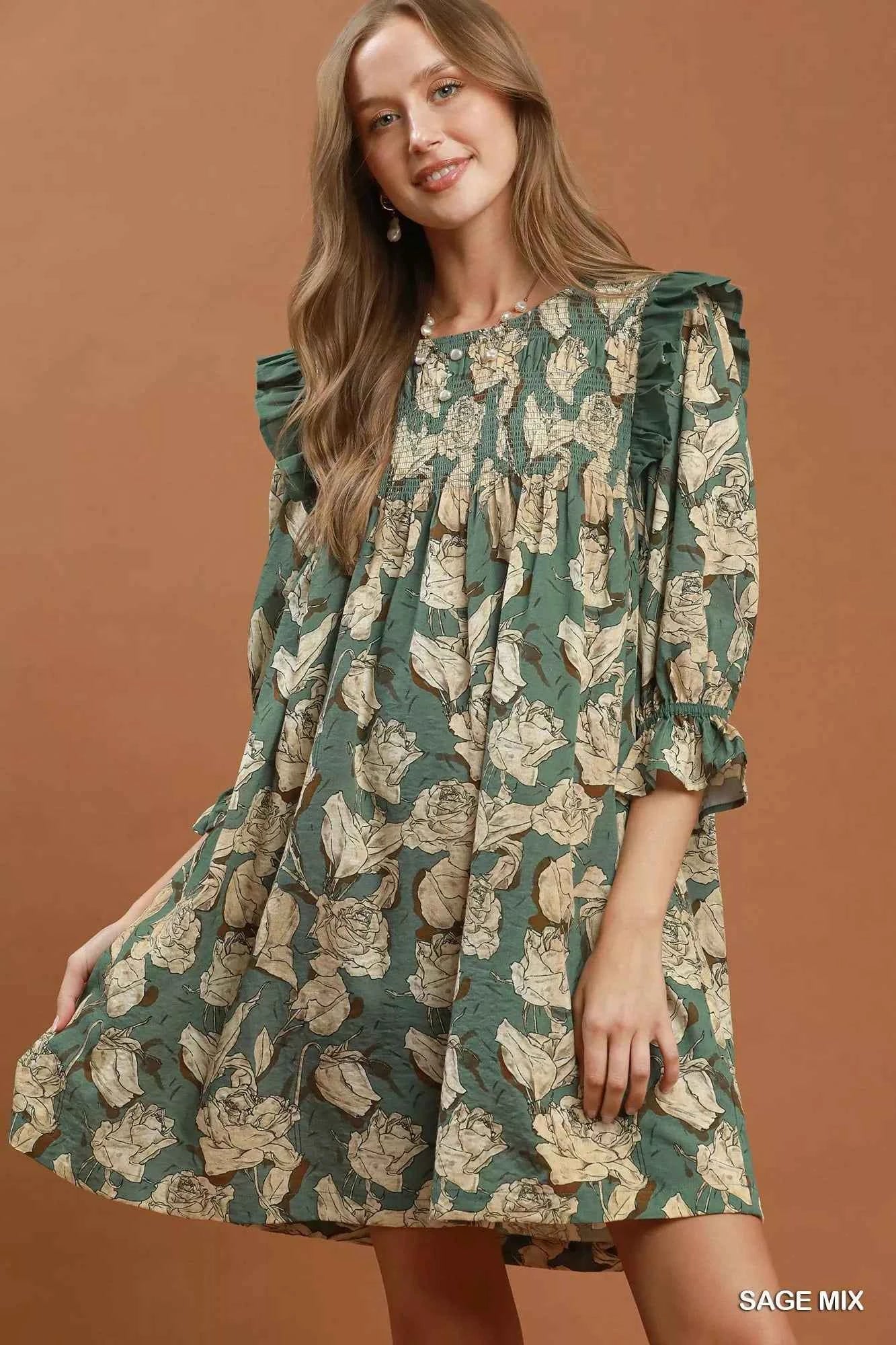 Umgee Mix Floral Print Smocked Ruffle Detail Flowy Dress