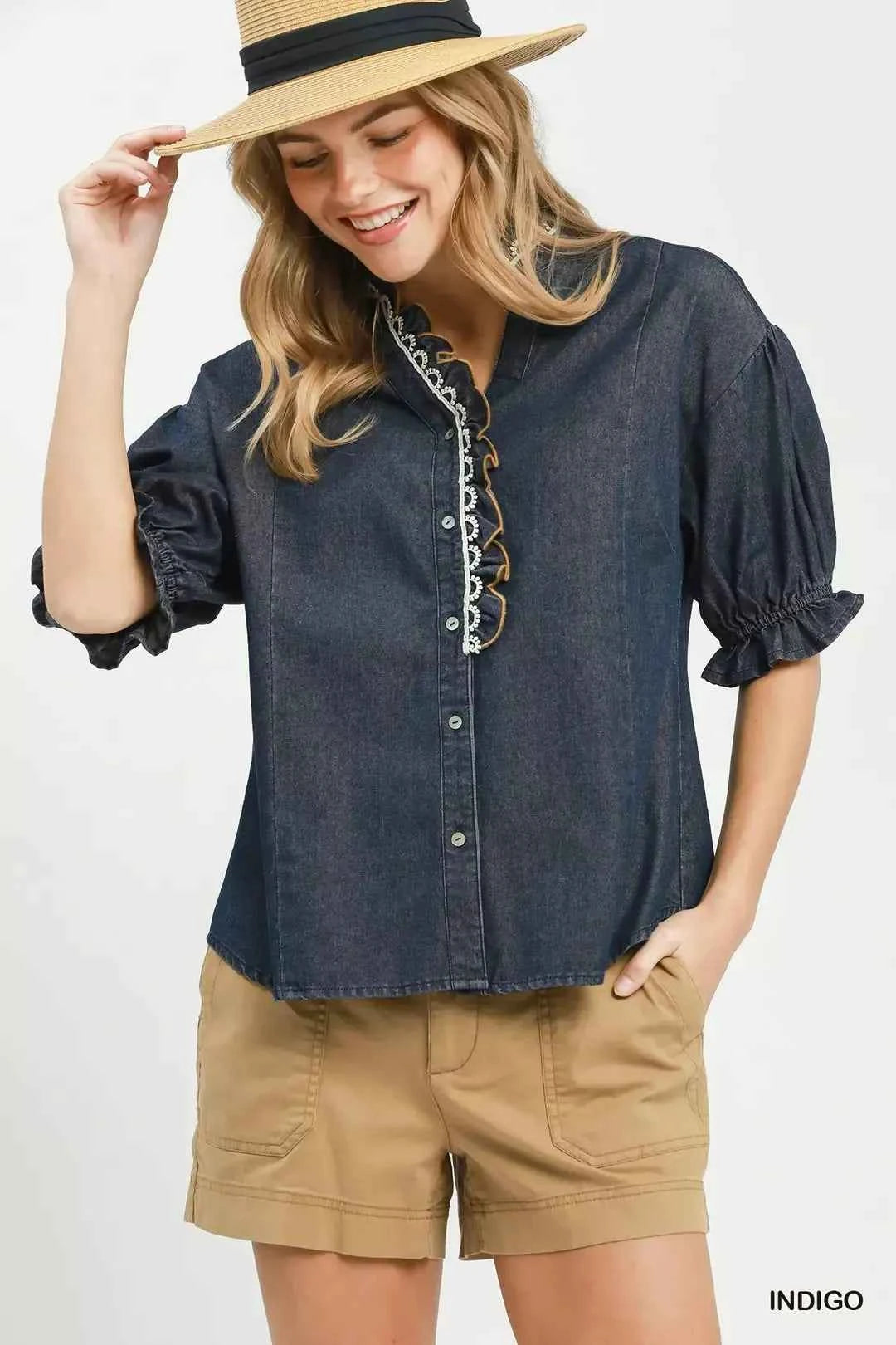 Umgee Chambray Scalloped Trim Button Front Blouse