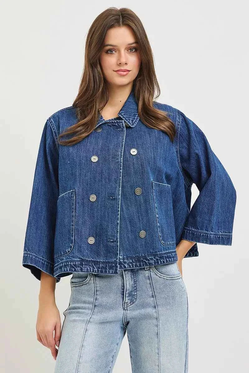 RISEN Double-Breasted Flowy Cropped Denim Jacket