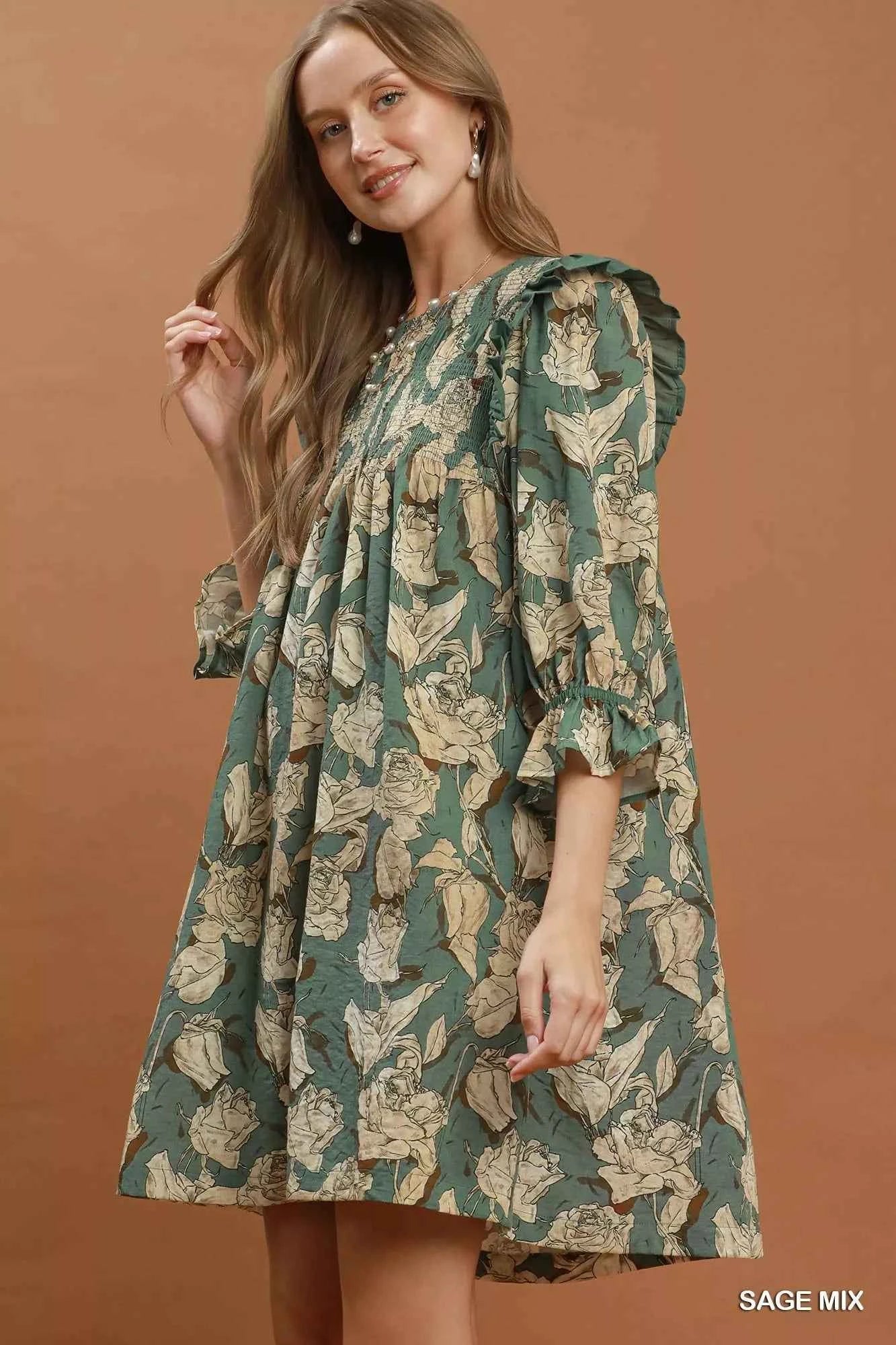 Umgee Mix Floral Print Smocked Ruffle Detail Flowy Dress