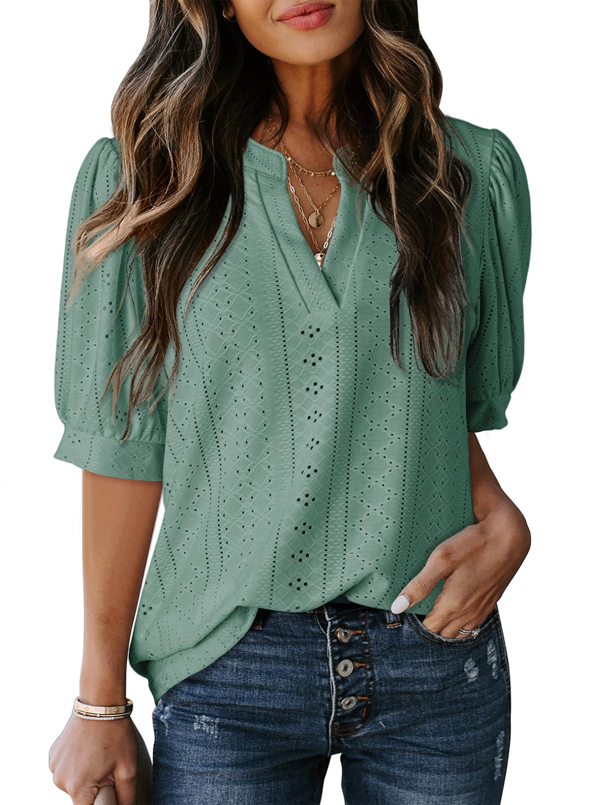 Dokotoo Summer Outfits Tops for Women Trendy 2025 Business Casual Blouses V Neck Puff Short Sleeve Shirts Hollow Out Lace Tops Solid Color Blouse Cruise Outfits for Women Clothes Mist Green 2XL