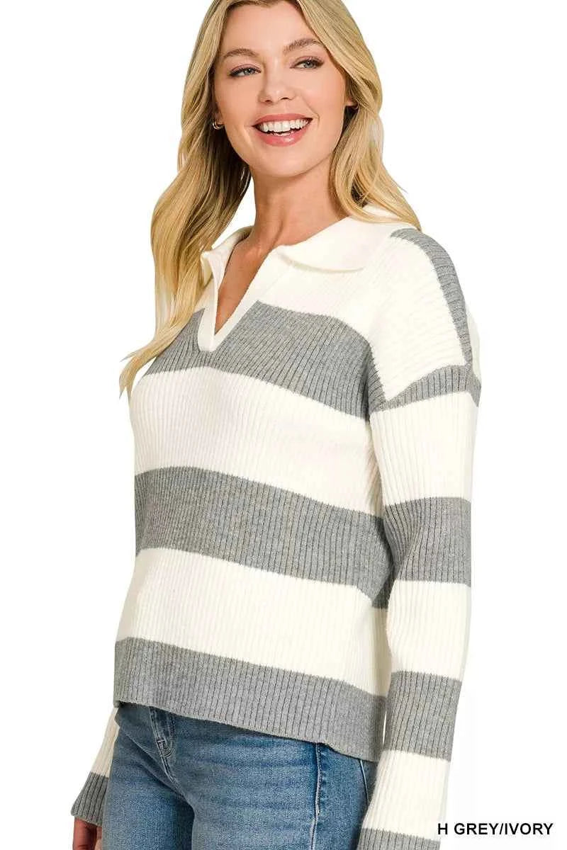 Zenana Striped Collared Sweater