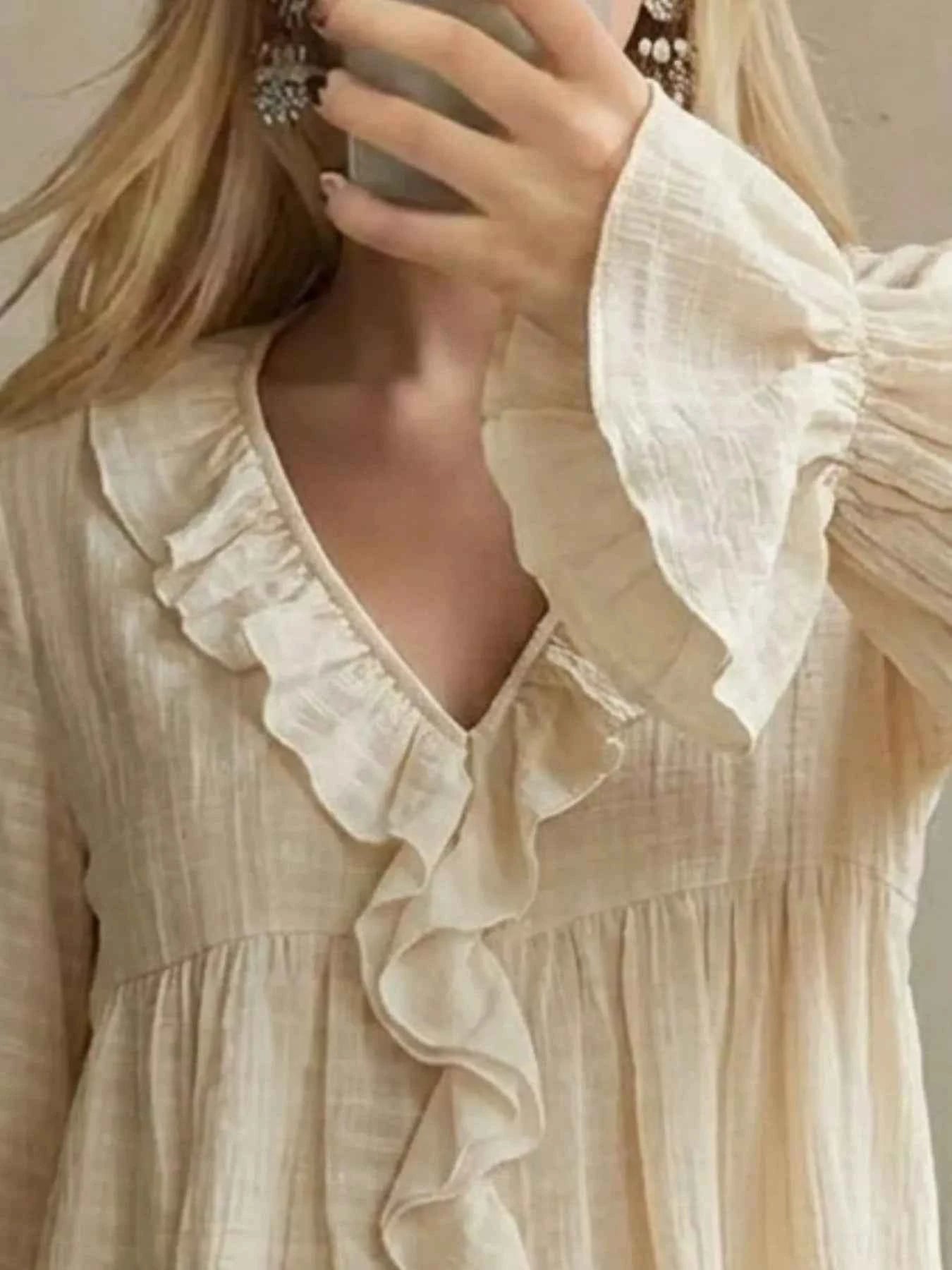 Ruffled V-Neck Flounce Sleeve Blouse