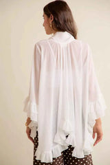 SO ME Sheer Ruffle Bell Sleeves Bow Tie Flowy Blouse Top