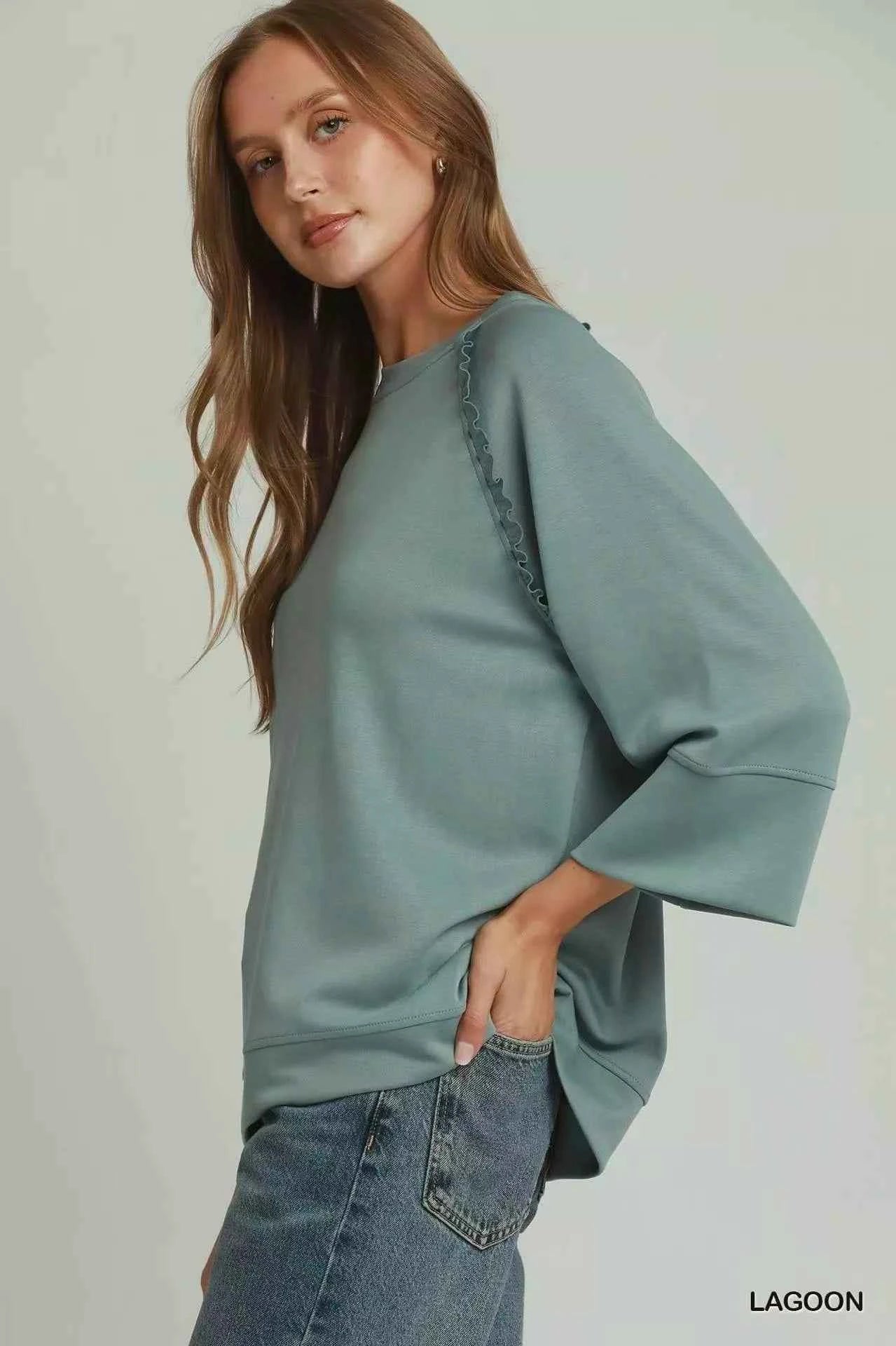 Umgee Ruffle Trim 3/4 Raglan Sleeve Top