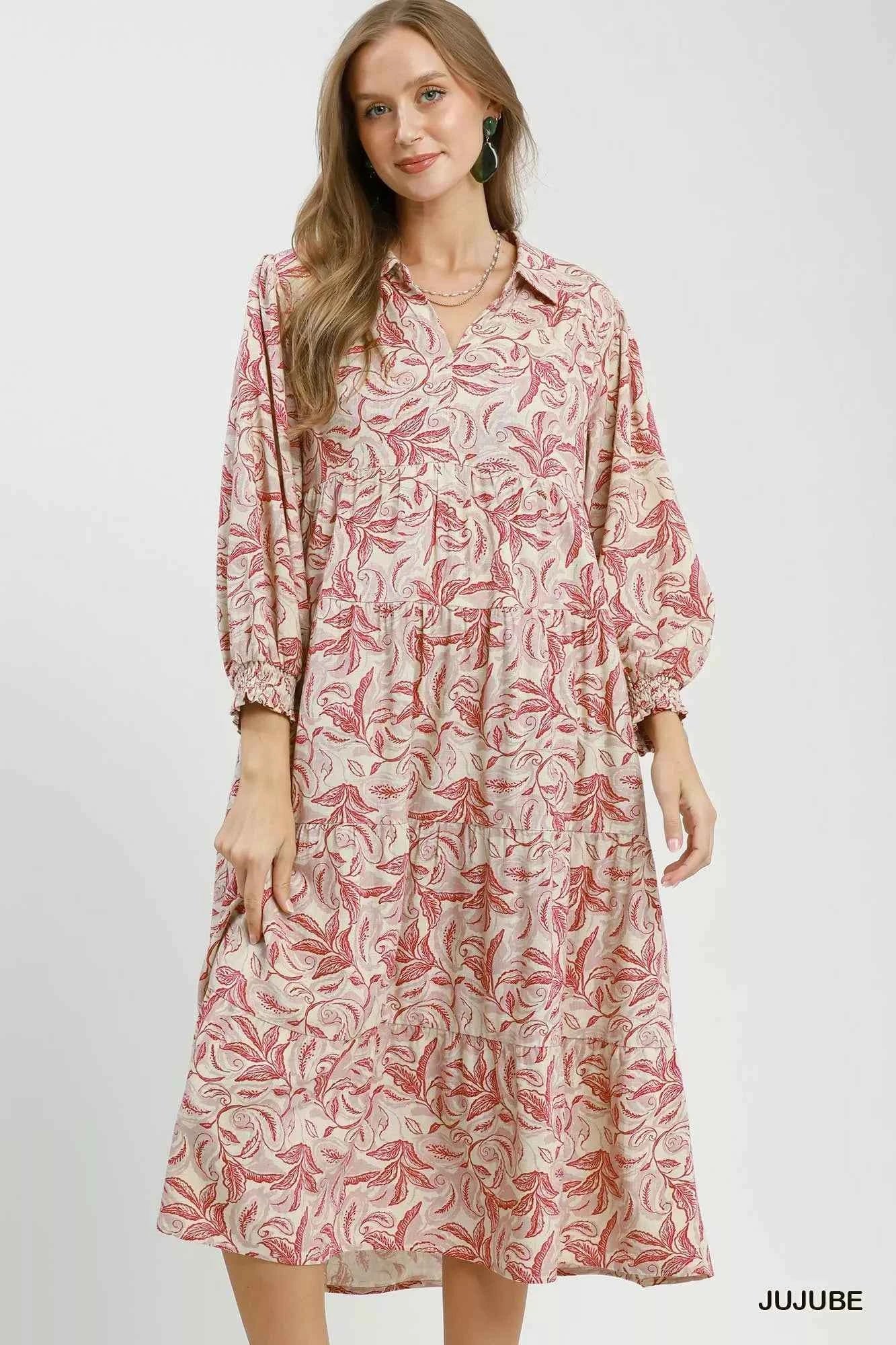 Umgee Linen Botanical Print Tiered Midi Dress
