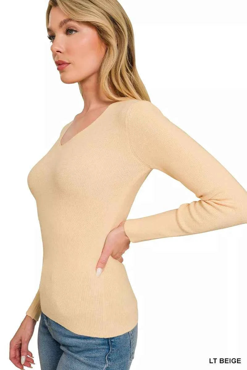 Zenana Viscose Fitted V-Neck Sweater