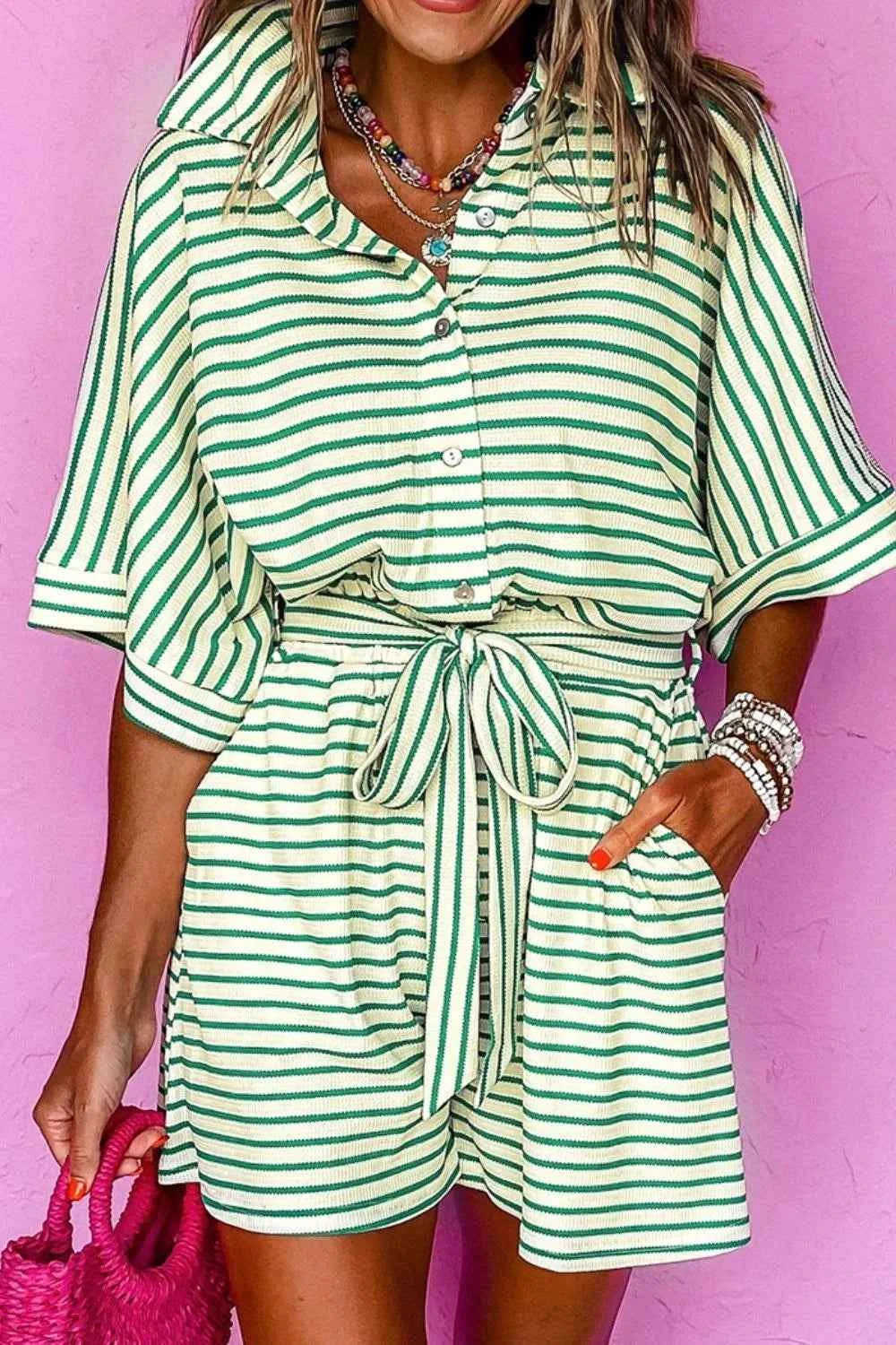 Striped Half Sleeve Tie Waist Romper