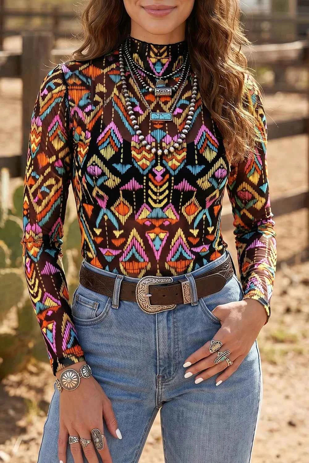 Abstract Print Long Sleeve Stand Neck Mesh Top