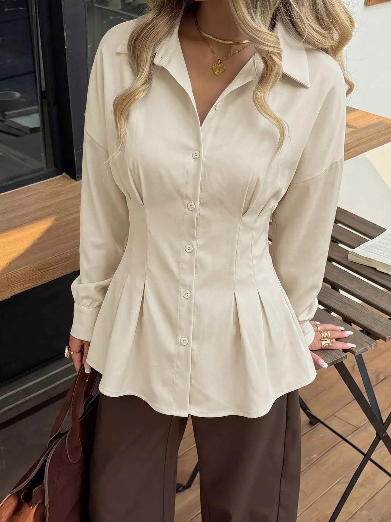 Ruched Button-Up Peplum Shirt