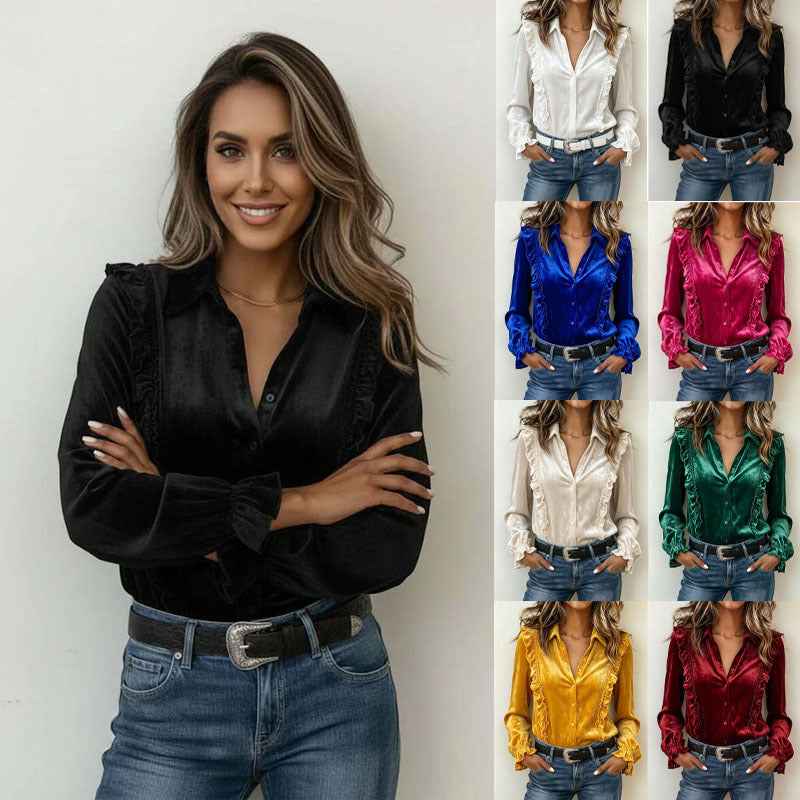 Casual Velvet Lapel-button Long-sleeve Shirt