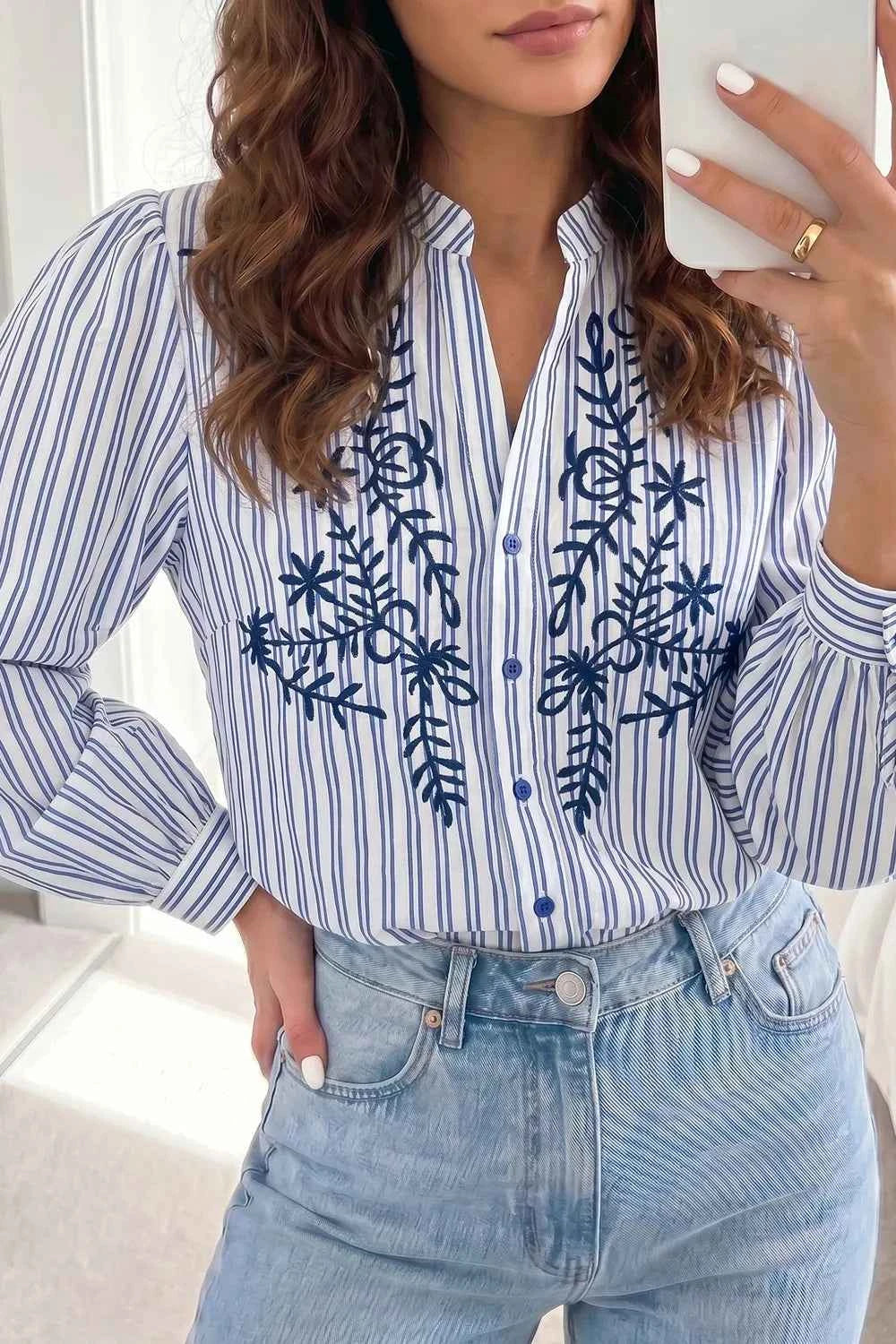 Stripe Embroidered Detail Button Front Long Sleeve Shirt