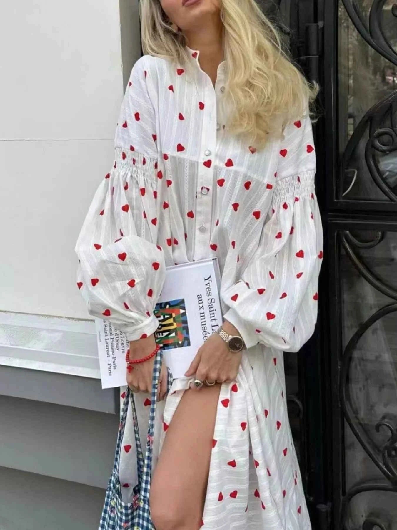 Heart Print Maxi Dress with Puff Sleeves