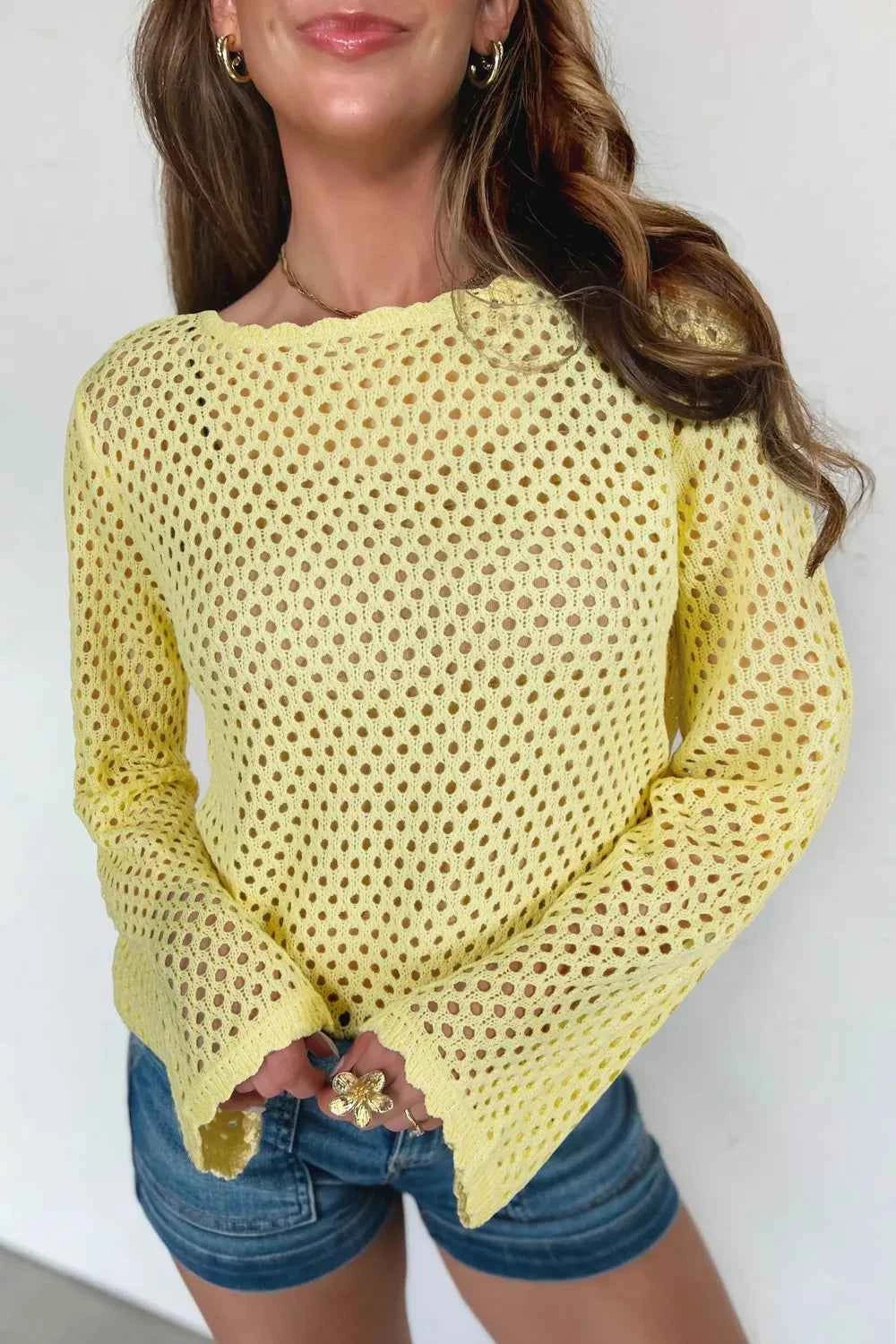 Scalloped Trim Hollow Out Knit Long Sleeve Top