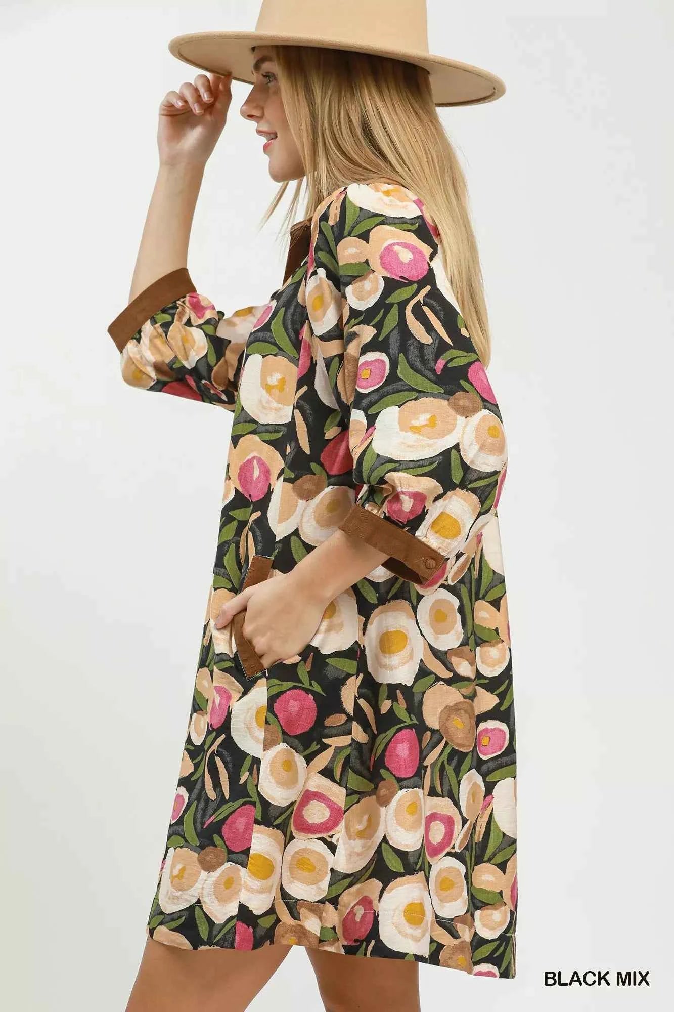 Umgee Mix Floral Contrast Trim Shift Mini Dress