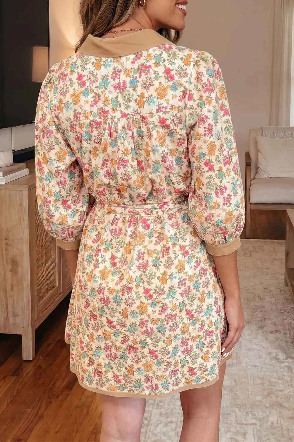 Floral Print Color Block Trim Button Down 3/4 Sleeve Belted Mini Dress