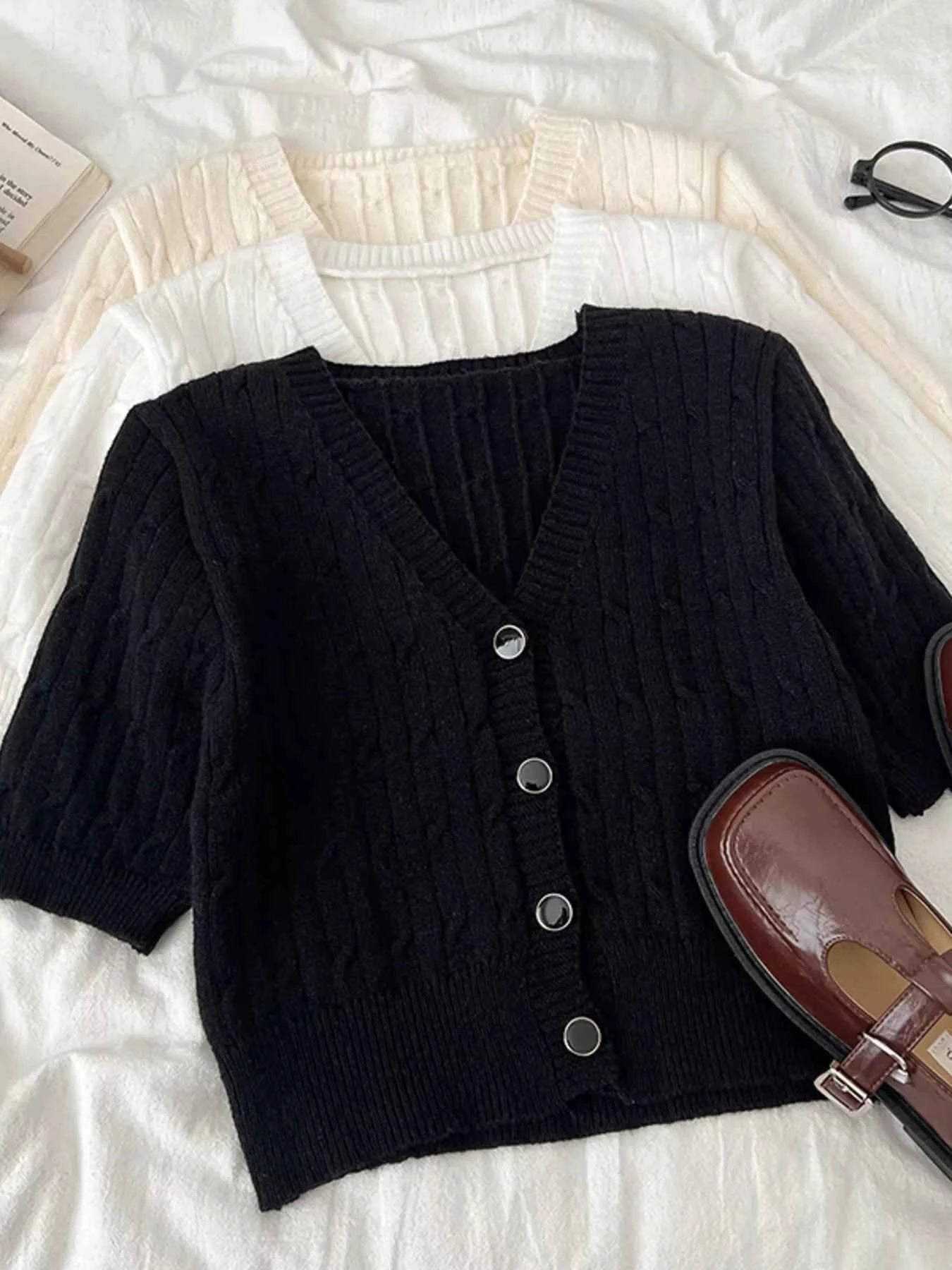 Texture Knit Button Down Cardigan