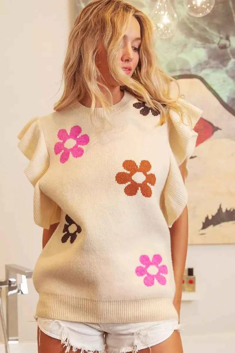 BiBi Flower Printed Ruffled Sleeves Top