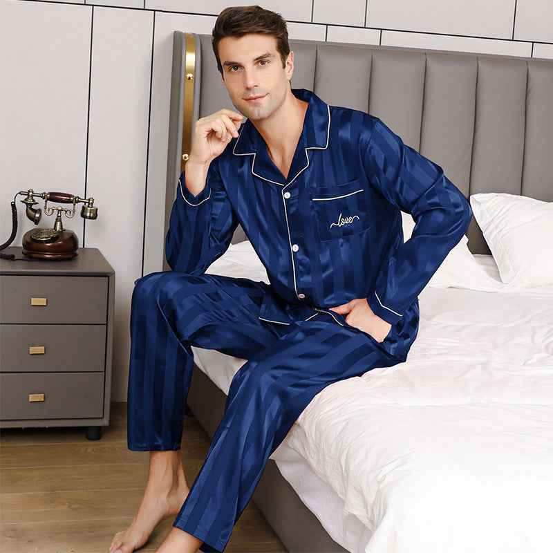 Mens Solid-Color Striped Long-Sleeve And Long-Pant Loungewear Set