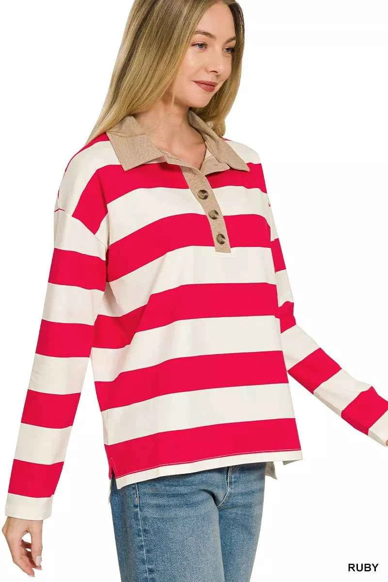 Zenana Striped Contrast Collar Polo Top