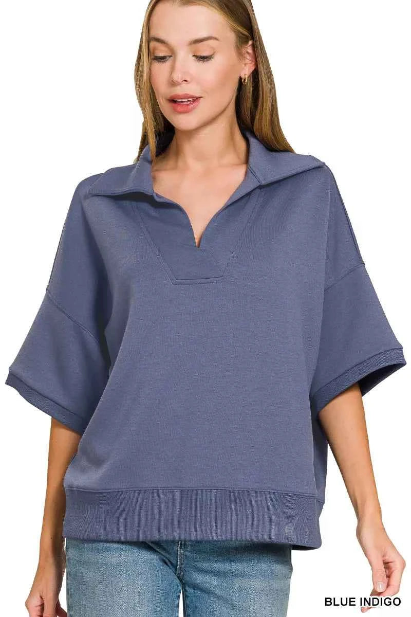 Zenana Scuba Collared Short Sleeve Pullover