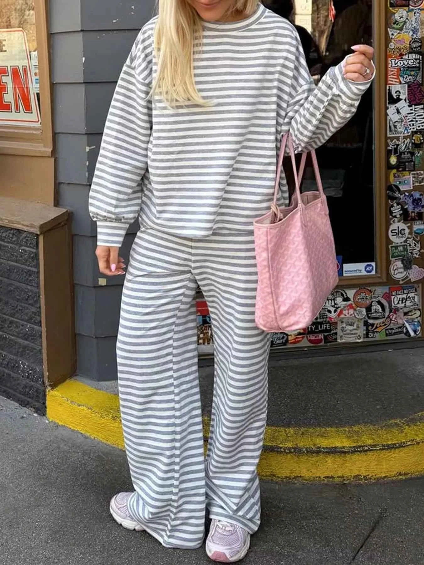 Striped Round Neck Top and Pants Set