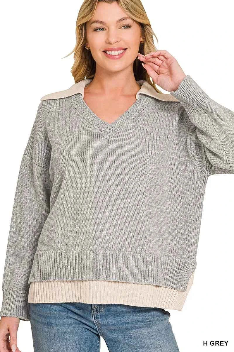 Zenana Dual-look Collared V-neck Sweater