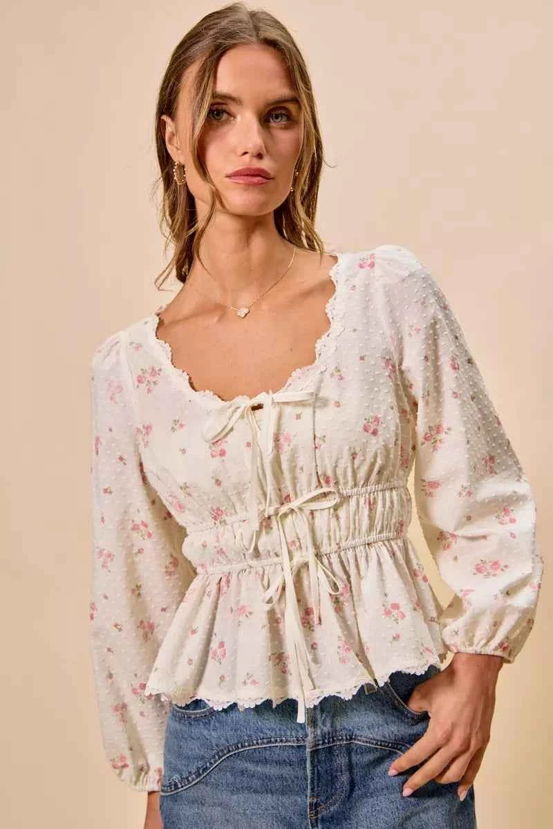 SO ME Floral Clip Dot Lace Trim Ruched Bodice Blouse