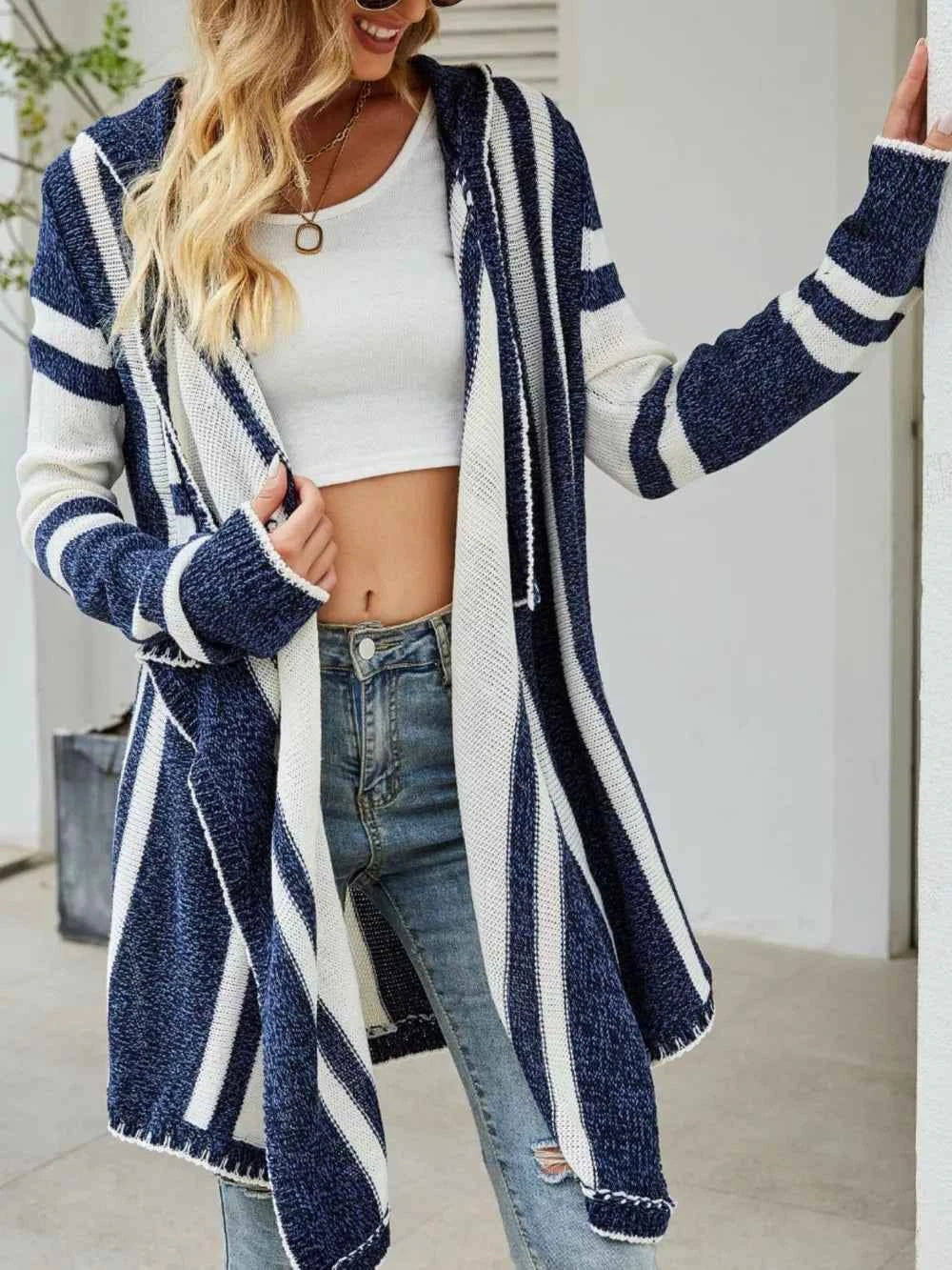 Striped Hooded Open Front Cardigan