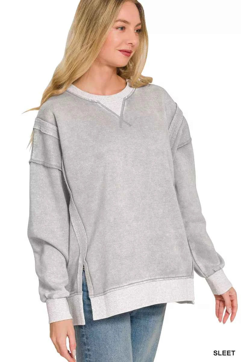 Zenana Fleece Acid Washed Contrast Trim Pullover