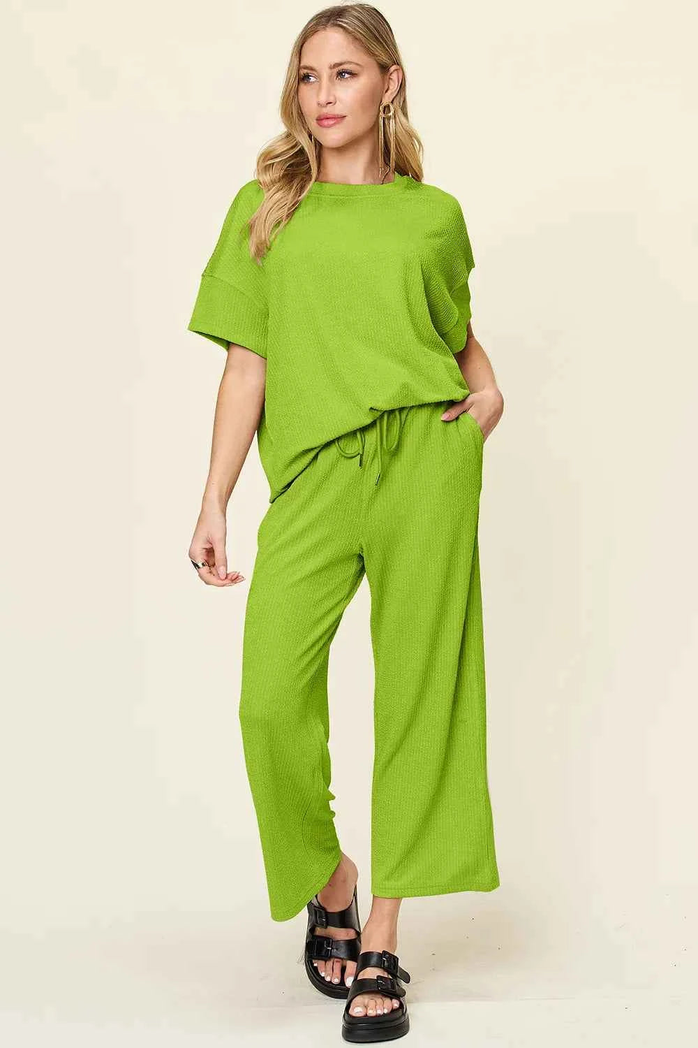 Double Take Full Size Texture Round Neck Short Sleeve T-Shirt and Wide Leg Pants