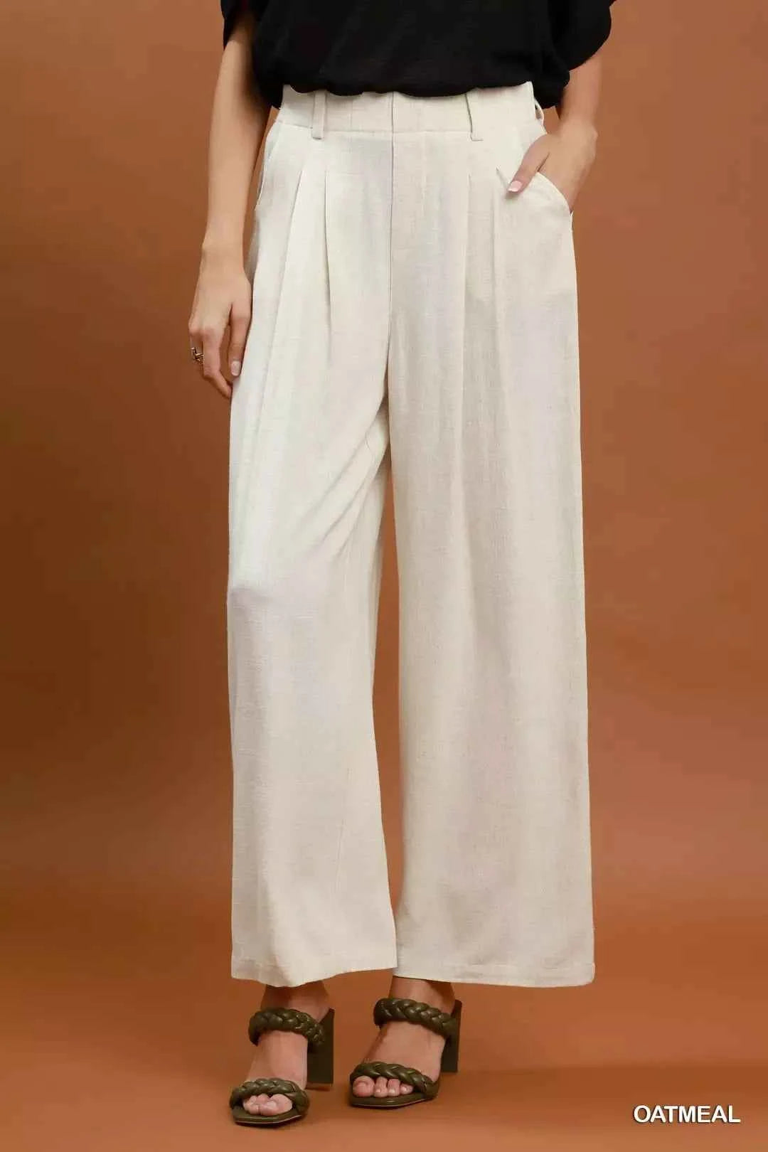 Umgee High Waist Linen Blend Wide Leg Trousers