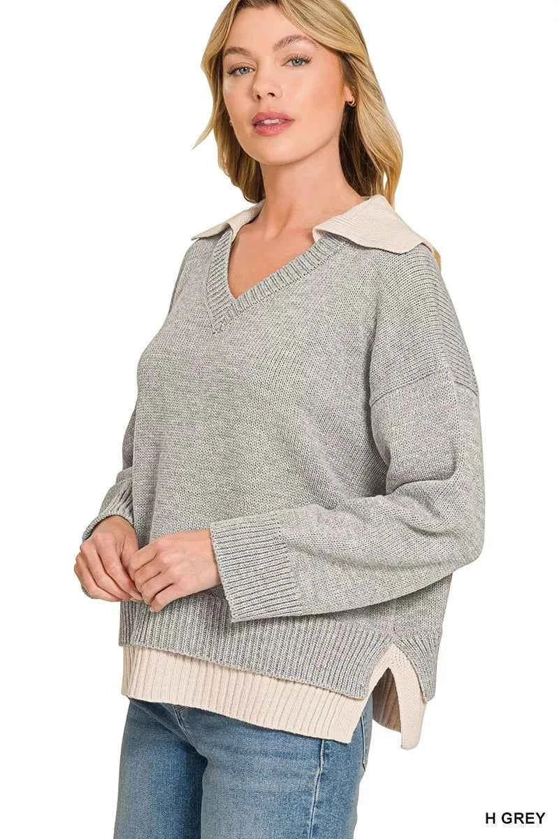Zenana Dual-look Collared V-neck Sweater