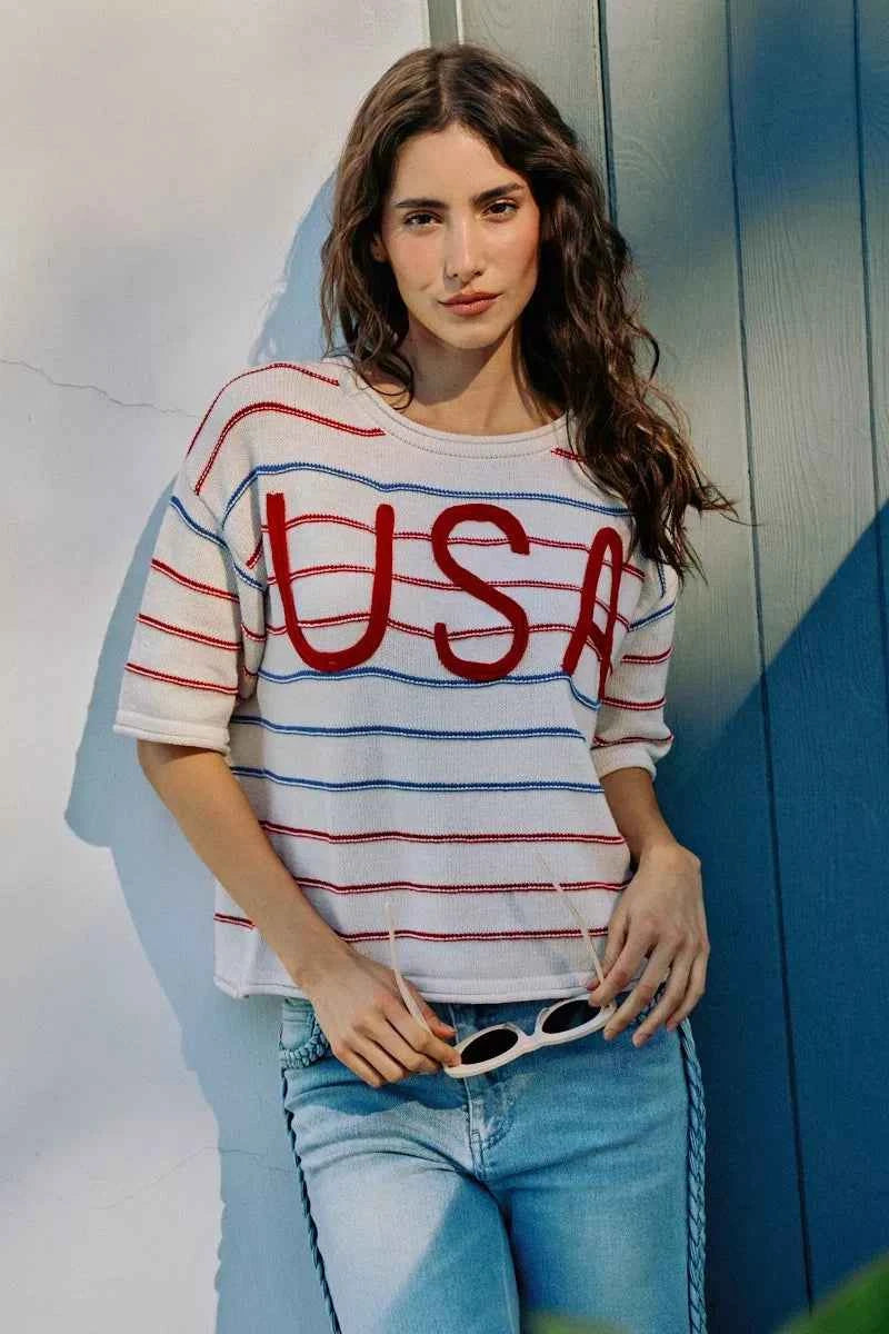 SO ME Usa Stripe Knit Short Sleeves Sweater Top