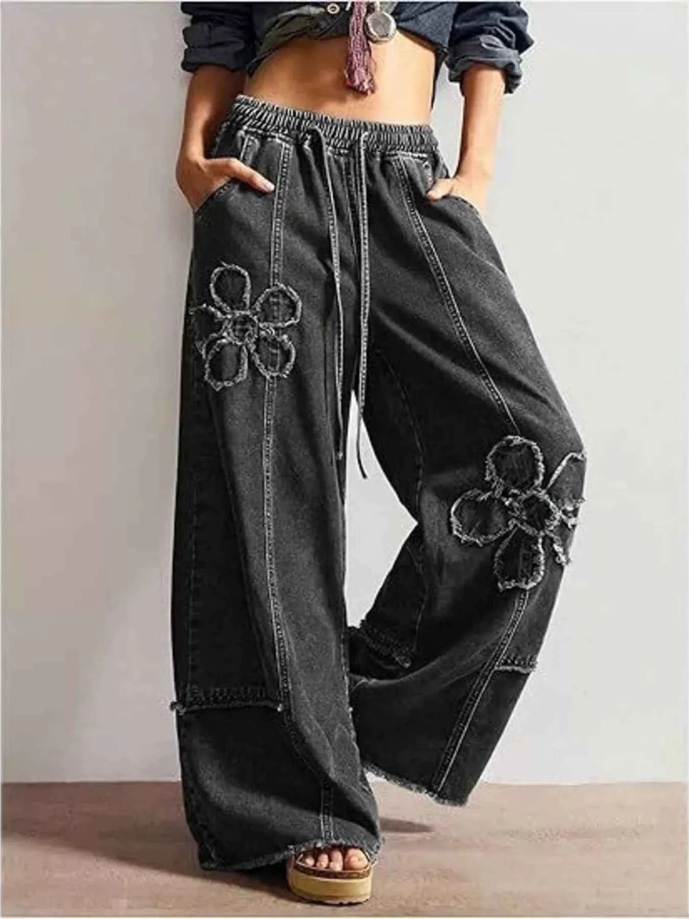 Floral Appliques Wide Leg Jeans