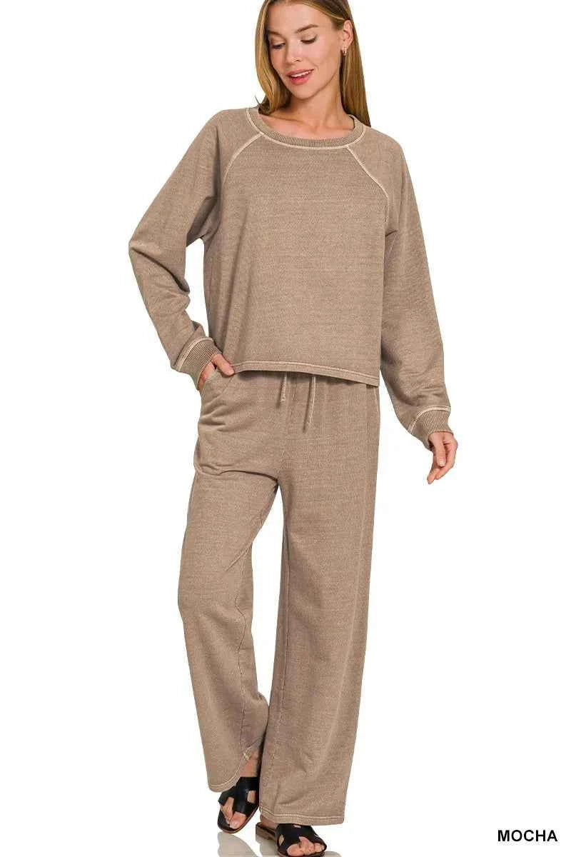Zenana Washed F/terry Round Neck Pullover & Pants Set