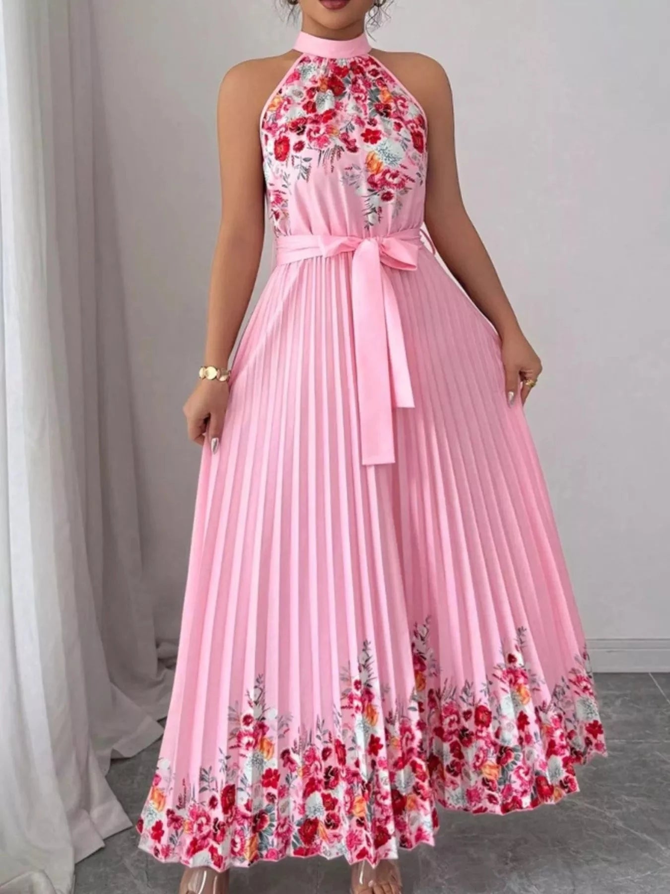 Halter Neck Floral Print Pleated Maxi Dress