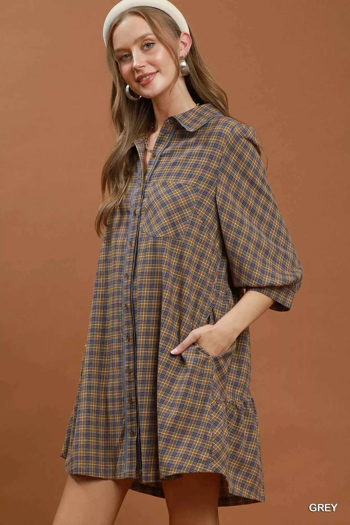 Umgee Plaid Button Down Oversized Shirt Dress