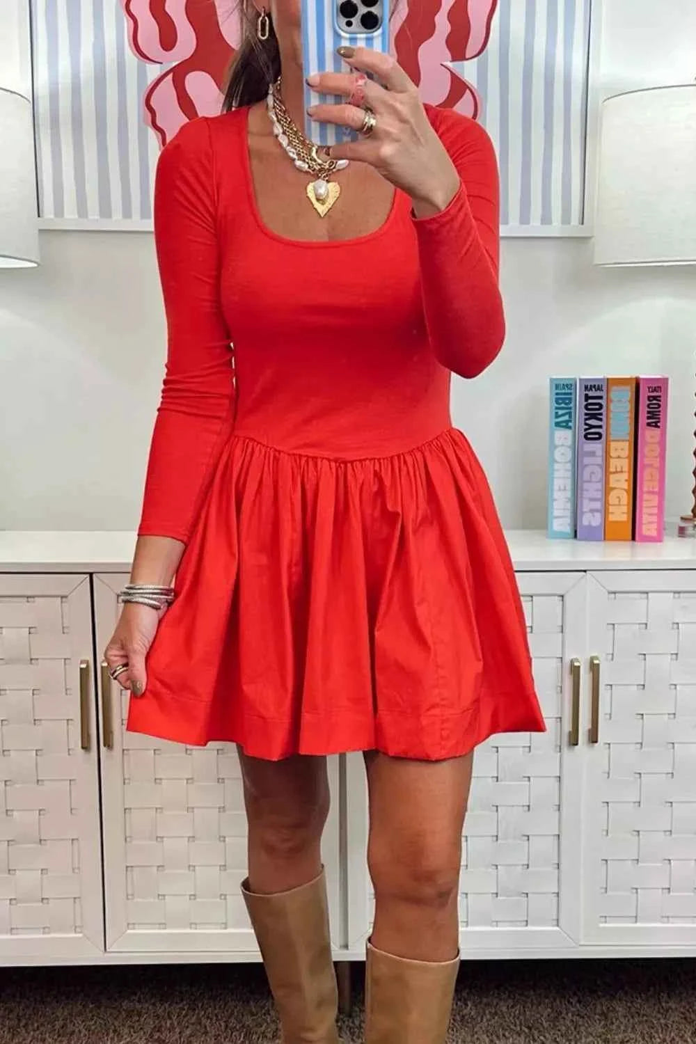 U Neck Long Sleeve Fit and Flare Mini Dress